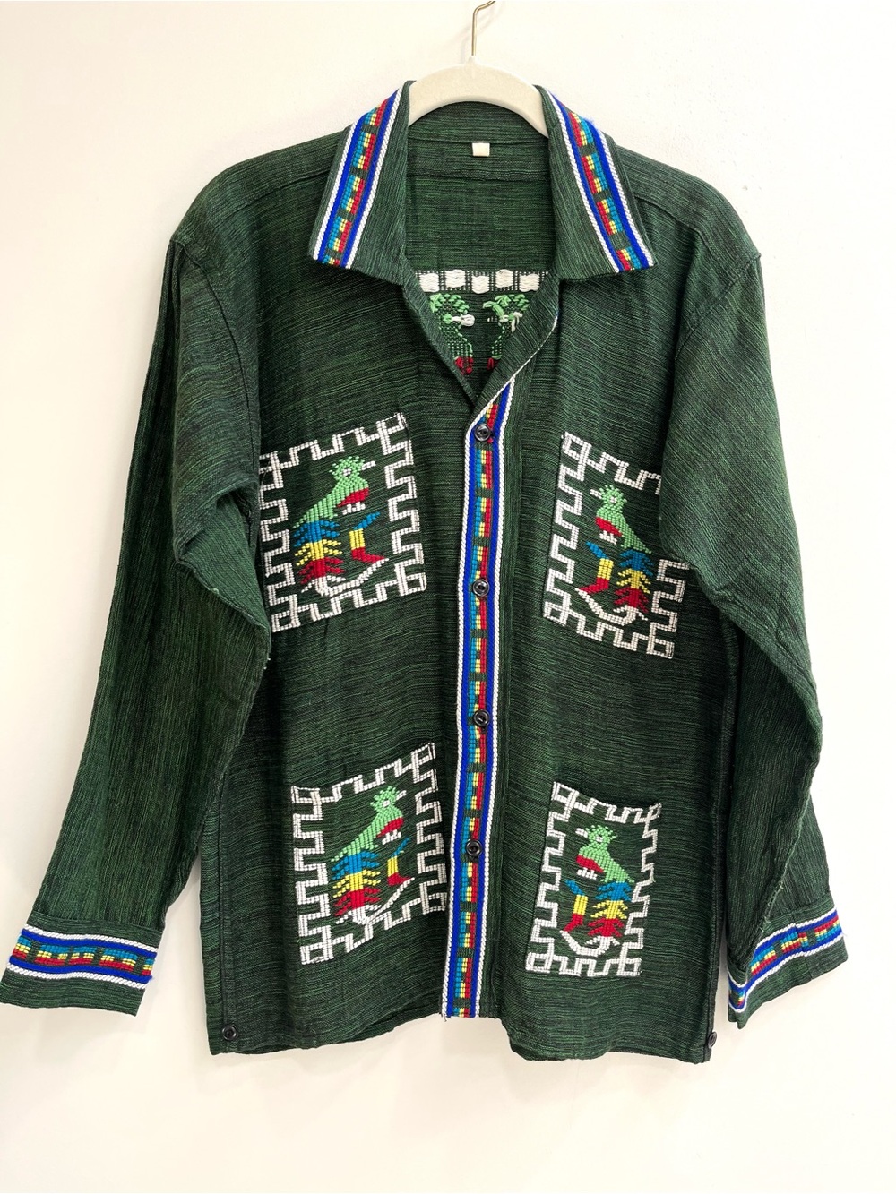 VTG Guatemalan Handwoven Quetzel peacock Button Down Aztec Shirt Jacket Pockets